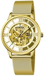 Pánske automatické hodinky Festina F20667/1 so skeletonovým ciferníkom a zlatým oceľovým náramkom